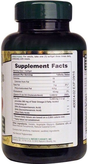 補充劑，efa omega 3 6 9（epa dha），魚油，魚油軟膠囊，維生素，維生素d3 - Natures Bounty, Fish Oil + D3, 90 Softgels