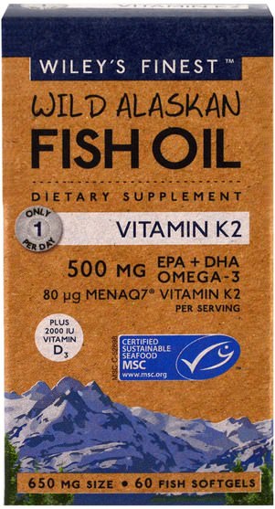 補充劑，efa omega 3 6 9（epa dha），魚油 - Wileys Finest, Wild Alaskan Fish Oil, Vitamin K2, 60 Fish Oil Softgels