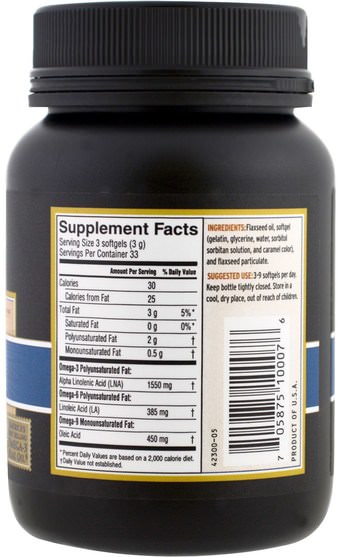 補充劑，efa omega 3 6 9（epa dha），亞麻油軟膠囊，barleans亞麻油 - Barleans, Lignan Flax Oil, 100 Softgels