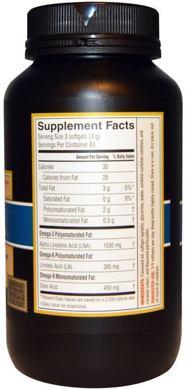 補充劑，efa omega 3 6 9（epa dha），亞麻油軟膠囊，barleans亞麻油 - Barleans, Lignan Flax Oil, 250 Softgels