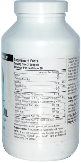 補充劑，efa omega 3 6 9（epa dha），亞麻油，月見草油 - Source Naturals, Flax Seed-Primrose Oil, 1.300 mg, 180 Softgels