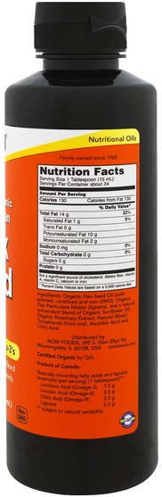 補充劑，efa omega 3 6 9（epa dha），亞麻油，亞麻油液體 - Now Foods, Certified Organic High Lignan Flax Seed Oil, 12 fl oz (355 ml)