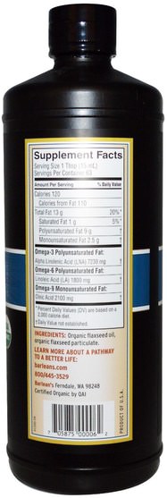 補充劑，efa omega 3 6 9（epa dha），亞麻油液體，barleans亞麻油 - Barleans, Organic Lignan Flax Oil, 32 fl oz (946 ml)