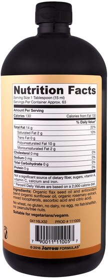 補充劑，efa omega 3 6 9（epa dha），亞麻油液，亞麻籽 - Jarrow Formulas, Certified Organic Flax Seed Oil, 32 fl oz (946 ml)