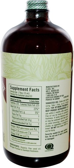 補充劑，efa omega 3 6 9（epa dha），亞麻油液體 - Flora, Certified Organic Flax Oil, 32 fl oz (946 ml)