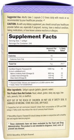補充劑，efa omega 3 6 9（epa dha），亞麻油軟膠囊 - NatureWise, Organic Flaxseed Oil, 240 Softgels
