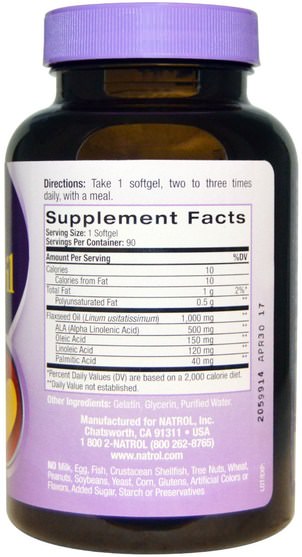 補充劑，efa歐米茄3 6 9（epa dha），亞麻油軟膠囊，歐米茄369粒/標籤 - Natrol, Omega-3 Flaxseed Oil, 1000 mg, 90 Softgels