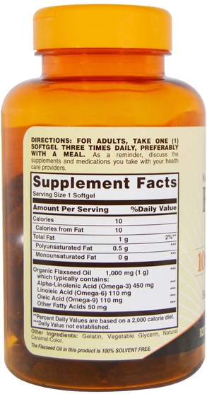 補充劑，efa omega 3 6 9（epa dha），亞麻油軟膠囊 - Sundown Naturals, Flaxseed Oil, 1.000 mg, 100 Softgels
