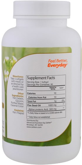 補充劑，efa omega 3 6 9（epa dha），亞麻油 - Zahler, Organic Flax Seed Oil, 1.000 mg, 90 Softgels