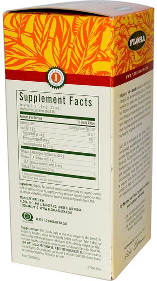 補充劑，efa omega 3 6 9（epa dha），植物油udos油 - Flora, Organic Udos Choice, Udos Oil 369 Blend, 8.5 fl oz (250 ml)