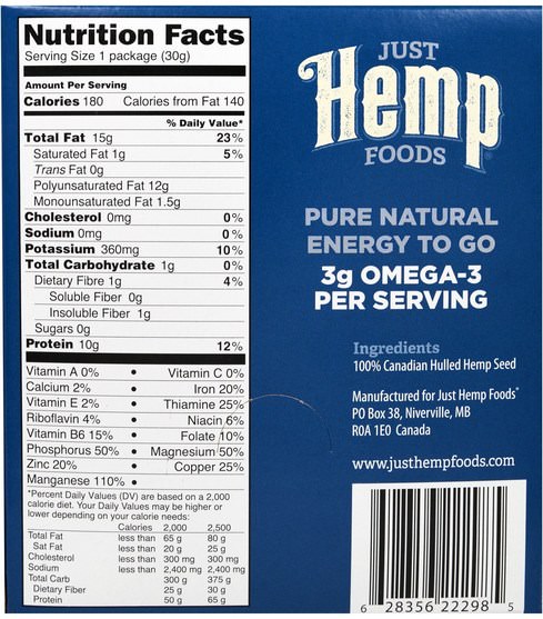 補充劑，efa omega 3 6 9（epa dha），大麻製品，食品，堅果籽粒 - Just Hemp Foods, Hulled Hemp Seed Protein Toppers, 12 Packets, 1 oz (30 g) Each