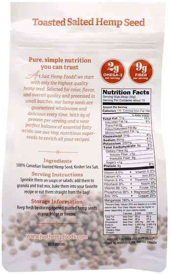 補充劑，efa omega 3 6 9（epa dha），大麻製品，食品，堅果籽粒 - Just Hemp Foods, Toasted Salted Hemp Seed, 16 oz (450 g)