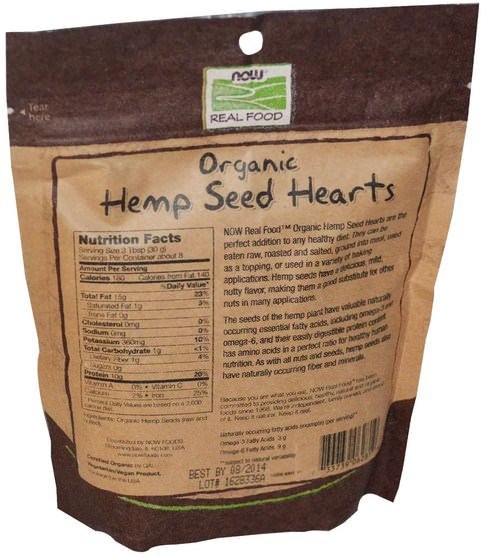 補充劑，efa omega 3 6 9（epa dha），大麻產品 - Now Foods, Real Food, Organic Hemp Seed Hearts, 8 oz (227 g)