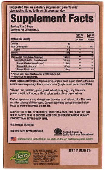 補充劑，efa omega 3 6 9（epa dha） - Hero Nutritional Products, Yummi Bears Organics, Fish Free Omega 3 with Chia Seed, All Natural Fruit Flavors & Colors, 90 Gummy Bears