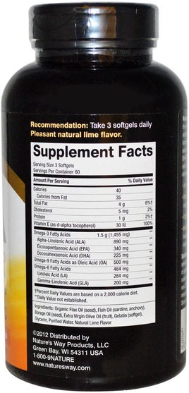 補充劑，efa omega 3 6 9（epa dha） - Natures Way, Maximum Strength Mega 3/6/9, Omega Blend, Lime Flavor, 1350 mg, 180 Softgels