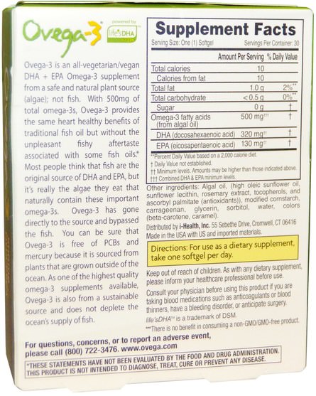補充劑，efa歐米茄3 6 9（epa dha），歐米茄369粒/標籤 - Ovega-3, Omega-3s DHA + EPA, 500 mg, 30 Veggie Softgels