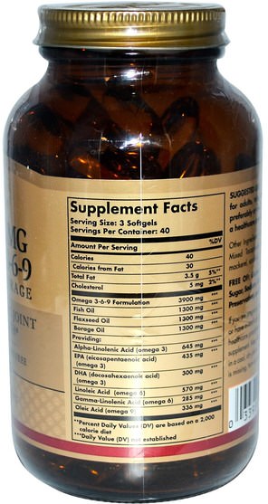 補充劑，efa歐米茄3 6 9（epa dha），歐米茄369粒/標籤 - Solgar, EFA, Omega 3-6-9, 1300 mg, 120 Softgels
