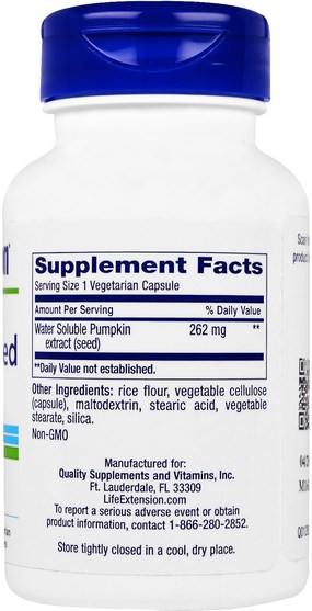 補充劑，efa omega 3 6 9（epa dha），南瓜籽油 - Life Extension, Water-Soluble Pumpkin Seed Extract, 60 Veggie Caps