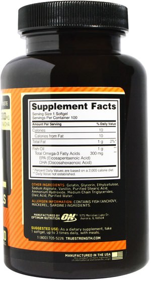 補充劑，efa omega 3 6 9（epa dha），運動，魚油軟膠囊 - Optimum Nutrition, Enteric-Coated Fish Oil, 100 Softgels