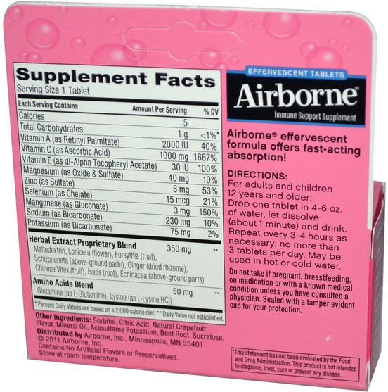 補充劑，泡騰片，空氣中的泡騰片 - AirBorne, Blast of Vitamin C, Pink Grapefruit, 10 Effervescent Tablets