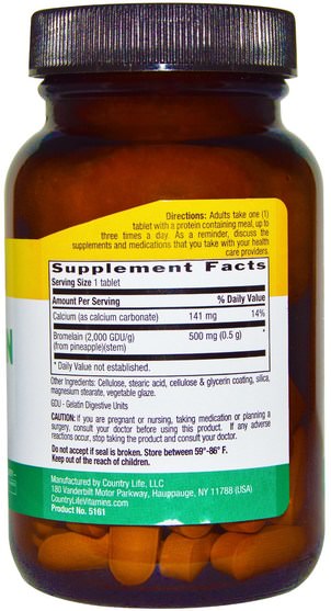 補充劑，酶，菠蘿蛋白酶 - Country Life, Bromelain, Triple Strength, 500 mg, 60 Tablets