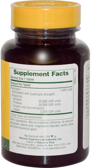 補充劑，酶，胰酶 - Natures Plus, Pancreatin, 1000 mg, 60 Tablets