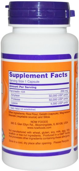 補充劑，酶，胰酶 - Now Foods, Pancreatin, 10X - 200 mg, 100 Capsules