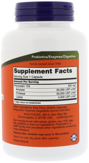 補充劑，酶，胰酶 - Now Foods, Pancreatin, 10X - 200 mg, 250 Capsules