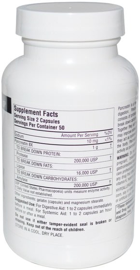 補充劑，酶，胰酶 - Source Naturals, Pancreatin 8X, 500 mg, 100 Capsules