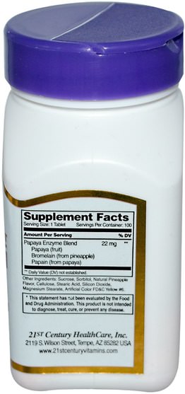 補充劑，酶，木瓜木瓜蛋白酶 - 21st Century, Papaya Enzyme, 100 Chewable Tablets