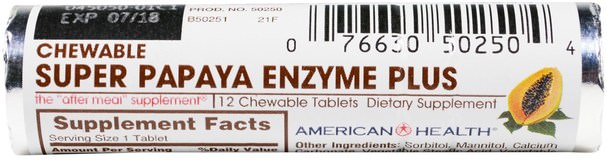 補充劑，酶，木瓜木瓜蛋白酶，消化酶 - American Health, Super Papaya Enzyme Plus Chewable Tablets, 16 Rolls, 12 Tablets Each
