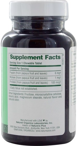 補充劑，酶，木瓜木瓜蛋白酶，消化酶 - Natures Plus, Chewable Papaya Enzyme Supplement, 360 Tablets