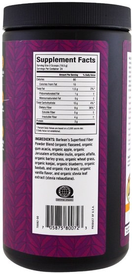 補充劑，纖維 - Barleans, Organic Superfood Fiber Blend, Vanilla Flavor, 16.51 oz