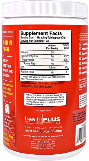 補充劑，纖維，排毒，結腸清潔 - Health Plus Colon Cleanse, Every Day Fiber, Refreshing Orange Flavor, 9 oz (255 g)