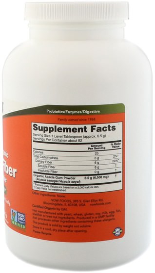 補充劑，纖維，消化，胃 - Now Foods, Certified Organic Acacia Fiber, Powder, 12 oz (340 g)