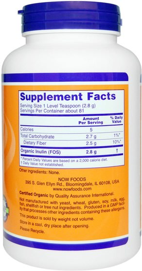 補充劑，纖維，菊粉 - Now Foods, Certified Organic Inulin, Pure Powder, 8 oz (227 g)