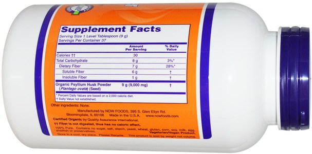 補充劑，纖維，洋車前子殼，洋車前子殼粉末 - Now Foods, Certified Organic Psyllium Husk Powder, 12 oz (340 g)