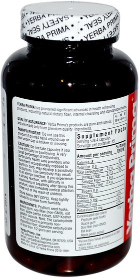 補充劑，纖維 - Yerba Prima, Daily Fiber Caps, 625 mg, 180 Capsules
