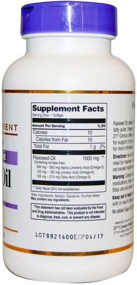 補充劑，亞麻籽 - 21st Century, Flaxseed Oil, 1000 mg, 120 Softgels