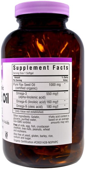 補充劑，亞麻籽 - Bluebonnet Nutrition, Flax Seed Oil, Certified Organic 1000 mg, 250 Softgels