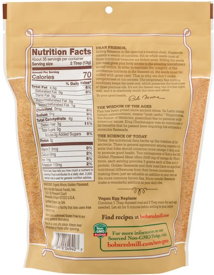 補充劑，亞麻籽 - Bobs Red Mill, Organic Golden Flaxseed Meal, 16 oz (453 g)