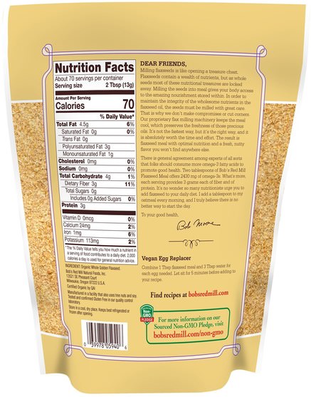 補充劑，亞麻籽 - Bobs Red Mill, Organic Golden Flaxseed Meal, 32 oz (907 g)