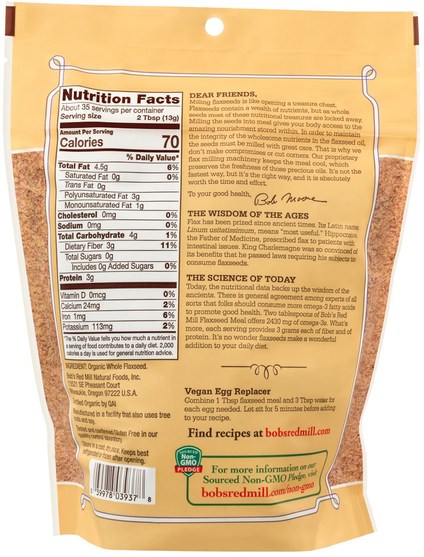 補充劑，亞麻籽 - Bobs Red Mill, Organic Whole Ground Flaxseed Meal, 16 oz (453 g)