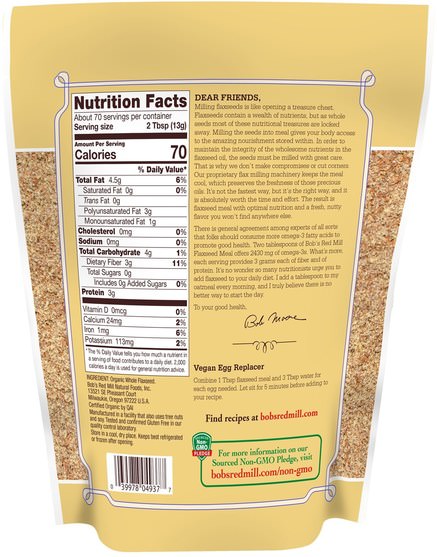 補充劑，亞麻籽 - Bobs Red Mill, Organic Whole Ground Flaxseed Meal, 32 oz (907 g)