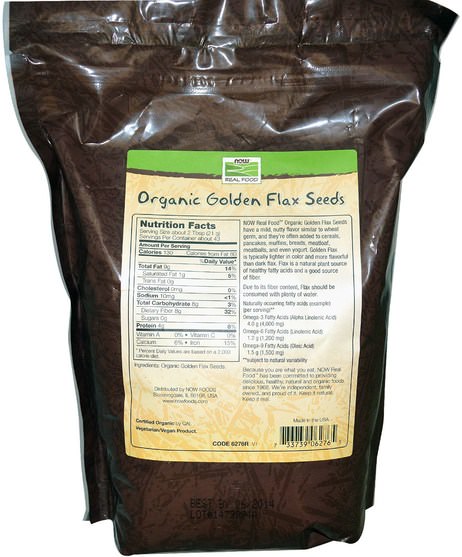補充劑，亞麻籽 - Now Foods, Real Food, Certified Organic Golden Flax Seeds, 32 oz (907 g)