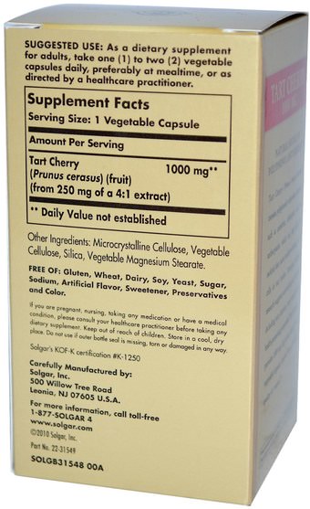 補充劑，水果提取物，櫻桃（水果黑色野生），抗氧化劑 - Solgar, Tart Cherry, 1000 mg, 90 Vegetable Capsules