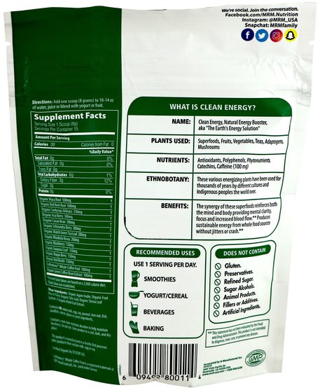 補品，水果提取物，超級水果 - MRM, Organic Clean Energy Powder, Fruit Punch, 4.2 oz (120 g)