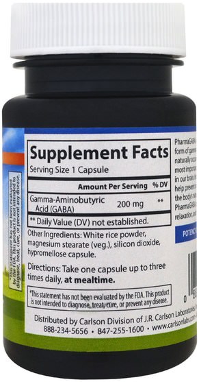 補充劑，gaba（γ氨基丁酸） - Carlson Labs, Pharma GABA, 200 mg, 50 Veggie Caps