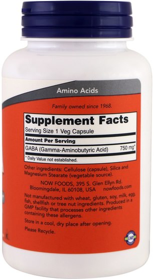 補充劑，gaba（γ氨基丁酸） - Now Foods, GABA, 750 mg, 100 Veg Capsules
