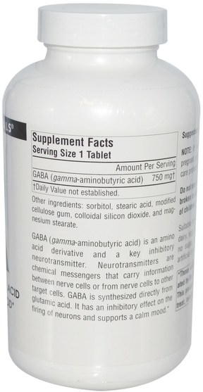 補充劑，gaba（γ氨基丁酸） - Source Naturals, GABA, 750 mg, 180 Tablets